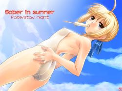 Rule 34 | 00s, 1girl, ahoge, alternate costume, artoria pendragon (all), artoria pendragon (fate), ass, ayato, backless outfit, blonde hair, blue eyes, breasts, casual one-piece swimsuit, cloud, covered erect nipples, day, dutch angle, english text, fate/stay night, fate (series), food, hair ribbon, hand on own hip, hip focus, looking back, mouth hold, one-piece swimsuit, popsicle, ribbon, saber (fate), sky, small breasts, solo, sweatdrop, swimsuit, trefoil, wallpaper