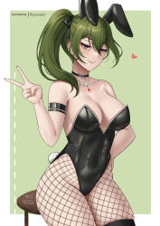 Rule 34 | 1girl, alternate costume, animal ears, arm strap, black choker, black leotard, breasts, choker, cleavage, commentary request, fake animal ears, fake tail, fishnet thighhighs, fishnets, green hair, heart, highres, large breasts, leotard, long hair, looking at viewer, playboy bunny, purple eyes, rabbit tail, ryuuneart, side ponytail, smile, solo, sousou no frieren, strapless, strapless leotard, tail, thighhighs, ubel (sousou no frieren)