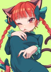 Rule 34 | 1girl, absurdres, animal ears, blunt bangs, blush, bow, braid, breasts, cat ears, cat tail, dress, e sdss, fingernails, frills, from below, green bow, green dress, hair bow, hand on own chest, hand up, highres, kaenbyou rin, licking, licking finger, long hair, long sleeves, looking at viewer, medium breasts, multiple tails, nail polish, nekomata, one eye closed, red eyes, red hair, red nails, sharp fingernails, solo, tail, tongue, tongue out, touhou, tsurime, twin braids, two tails, very long hair