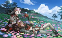 Rule 34 | 2boys, bandaged hand, bandages, black gloves, bug, butterfly, cloud, day, field, flower, flower field, genshin impact, gloves, grass, hair between eyes, head wreath, highres, holding, holding mask, insect, jacket, japanese clothes, kaedehara kazuha, lap pillow, lying, male focus, mask, multicolored hair, multiple boys, orange hair, outdoors, pants, parted lips, ponytail, red eyes, red hair, red mask, red scarf, scarf, sky, tartaglia (genshin impact), tree, trkz tmwk, vision (genshin impact), white hair, yaoi