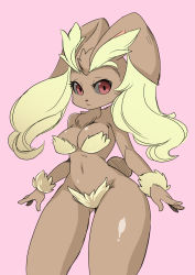 Rule 34 | 1girl, black sclera, breasts, colored sclera, creatures (company), furry, furry female, game freak, gen 4 pokemon, half-closed eyes, highres, large breasts, legs apart, looking at viewer, lopunny, navel, nintendo, pink background, pokemon, pokemon (creature), pokemon dppt, red eyes, shepherd0821, simple background, solo, standing