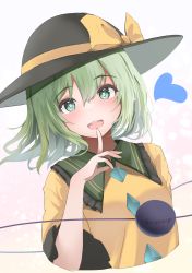 Rule 34 | 1girl, 258n, absurdres, blouse, blush, bow, breasts, buttons, collared shirt, crystal, eyes visible through hair, fingernails, frills, gradient background, green eyes, green hair, green nails, grey hat, hair between eyes, hand up, hat, hat bow, heart, highres, jewelry, komeiji koishi, long sleeves, looking at viewer, medium breasts, multicolored background, nail polish, open mouth, pink background, pointing, shirt, short hair, smile, solo, teeth, third eye, tongue, touhou, upper body, white background, wide sleeves, yellow background, yellow bow, yellow shirt
