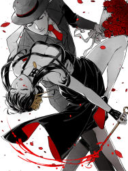 Rule 34 | black dress, blood, bloody weapon, bouquet, couple, dagger, dress, earrings, flower, formal, gold earrings, gold hairband, green suit, hairband, highres, holding, holding dagger, holding knife, holding weapon, husband and wife, jewelry, knife, married, monochrome, nitrate, petals, red flower, red rose, rose, rose petals, short hair with long locks, spy x family, stiletto (weapon), suit, twilight (spy x family), two-sided dress, two-sided fabric, weapon, yor briar