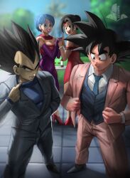 Rule 34 | 2boys, 2girls, :d, absurdres, black eyes, black footwear, black hair, blue eyes, blue hair, blue necktie, blue vest, blurry, blurry background, bottle, brown jacket, brown pants, bulma, chi-chi (dragon ball), cup, dragon ball, dress, drinking glass, earrings, elite nappa, grin, highres, holding hands, jacket, jewelry, lipstick, looking to the side, makeup, multiple boys, multiple girls, necktie, off-shoulder dress, off shoulder, open mouth, outdoors, pants, purple dress, red dress, red lips, short hair, smile, son goku, spiked hair, standing, vegeta, vest, wine bottle, wine glass