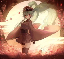 Rule 34 | 1girl, aqua hair, bad id, bad pixiv id, black gloves, black thighhighs, blush, brown hat, brown jacket, brown skirt, closed mouth, field, floating hair, flower, flower field, frown, gloves, hair between eyes, half gloves, hat, hatsune miku, highres, jacket, long hair, long sleeves, looking at viewer, mihoranran, military hat, miniskirt, pleated skirt, red eyes, senbon-zakura (vocaloid), skirt, solo, standing, thighhighs, twintails, very long hair, vocaloid, wide sleeves, zettai ryouiki