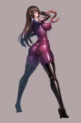 Rule 34 | 1girl, ass, black hair, bodysuit, boots, covered erect nipples, elbow gloves, full body, gloves, impossible bodysuit, impossible clothes, kamori sayaka, latex, long hair, looking at viewer, looking to the side, monster, original, purple bodysuit, purple eyes, rindou (radical dream), shiny clothes, skin tight, tentacles, thigh boots