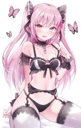 Rule 34 | 1girl, animal, bare shoulders, bed sheet, black bra, black choker, black panties, blush, bow, bow bra, bow panties, bra, breasts, bug, butterfly, choker, collarbone, commentary request, cpqm, earrings, fang, garter belt, hand up, highres, hololive, insect, jewelry, lifted by self, long hair, looking at viewer, open mouth, panties, pink hair, red eyes, skull earrings, small breasts, solo, strap lift, thighhighs, twitter username, two side up, underwear, underwear only, uruha rushia, uruha rushia (3rd costume), very long hair, virtual youtuber, white background, white thighhighs