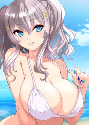 Rule 34 | 1girl, bikini, blue eyes, blue sky, breasts, cloud, day, grey hair, hair ornament, highres, kantai collection, kashima (kancolle), large breasts, long hair, looking at viewer, nail polish, nitamako (sakamalh), outdoors, sky, smile, solo, swimsuit, twintails, wavy hair, white bikini, x hair ornament