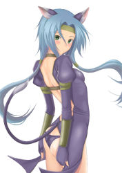 Rule 34 | 1girl, animal ears, ass, blue hair, blush, breasts, butt crack, cat ears, cat girl, cat tail, choker, dress, female focus, fingerless gloves, gloves, green eyes, headband, long hair, looking at viewer, low twintails, meracle chamlotte, muffin (sirumeria), panties, shiny clothes, shiny skin, sideboob, simple background, small breasts, solo, square enix, star ocean, star ocean the last hope, tail, tailcoat, thighhighs, twintails, underwear, white background