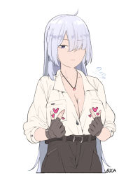 Rule 34 | 1girl, ahoge, ak-15 (girls&#039; frontline), artist name, boca, cleavage cutout, clothing cutout, denim, double v, expressionless, fingerless gloves, girls&#039; frontline, gloves, hair over one eye, heart, highres, jeans, jewelry, long hair, necklace, one eye covered, pants, purple eyes, shirt, signature, silver hair, solo, v