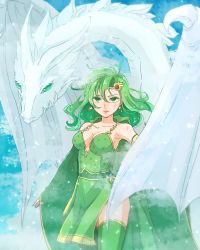 Rule 34 | 1girl, bare shoulders, breasts, cape, cleavage, closed mouth, collarbone, detached sleeves, dragon, dress, earrings, final fantasy, final fantasy iv, green cape, green dress, green hair, green thighhighs, hair ornament, highres, jewelry, long hair, long sleeves, medium breasts, mist dragon, rydia (ff4), sleeves past wrists, star (symbol), star earrings, star hair ornament, star print, thighhighs, toufu (toufu 53), wide sleeves