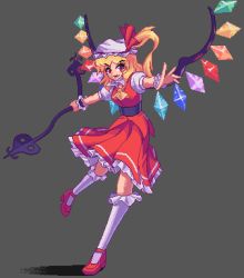 Rule 34 | 1girl, :d, ascot, black background, blonde hair, crystal, fang, flandre scarlet, full body, hat, hat ribbon, holding, laevatein (touhou), long hair, looking at viewer, lowres, mob cap, one side up, open mouth, pixel art, potemki11, rainbow order, red eyes, red footwear, red ribbon, red skirt, ribbon, short sleeves, simple background, skirt, smile, solo, touhou, white hat, white legwear, wings, wrist cuffs, yellow ascot