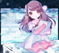 Rule 34 | 1girl, blue background, bow, brown eyes, brown hair, center frills, closed mouth, cowboy shot, drawing tablet, dress, frills, hair bow, happy tears, holding, kiato, layered sleeves, long hair, long sleeves, looking at viewer, rin (shelter), shelter (song), short over long sleeves, short sleeves, sitting, smile, solo, song name, tears, white dress