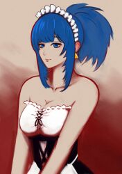 Rule 34 | 1girl, apron, bare shoulders, blue eyes, blue hair, breasts, corset, earrings, frills, highres, jewelry, leona heidern, maid, maid day, maid headdress, ponytail, reavernk, snk heroines: tag team frenzy, solo, the king of fighters, triangle earrings, white apron