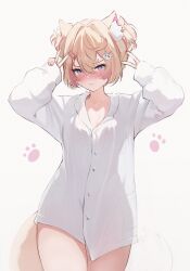 Rule 34 | 1girl, absurdres, animal ear fluff, animal ears, arms up, blonde hair, blue eyes, blush, colored inner animal ears, commentary, cowboy shot, dog ears, dog tail, double v, dress shirt, english commentary, hair ornament, hairclip, highres, hololive, hololive english, koahri, long sleeves, looking at viewer, mococo abyssgard, multicolored hair, pink hair, see-through, see-through shirt, shirt, short hair, silhouette, simple background, sleeves past wrists, solo, streaked hair, tail, thighs, v, virtual youtuber, white background, white shirt