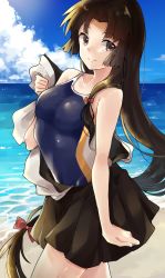 Rule 34 | 1girl, bare shoulders, beach, black skirt, blush, breasts, brown eyes, brown hair, closed mouth, cloud, competition swimsuit, day, hair between eyes, hair ornament, hair ribbon, highres, horizon, japanese clothes, kantai collection, kimono, long hair, looking at viewer, medium breasts, ocean, one-piece swimsuit, outdoors, ponytail, ribbon, shouhou (kancolle), skirt, sky, smile, solo, swimsuit, swimsuit under clothes, twintails, u yuz xx, water, white kimono