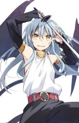 Rule 34 | 1other, androgynous, armpits, bare shoulders, belt, blue hair, detached sleeves, hair between eyes, highres, holding, holding sword, holding weapon, katana, long hair, looking at viewer, mikoto kei, open mouth, rimuru tempest, simple background, smile, solo, sword, tensei shitara slime datta ken, weapon, wings, yellow eyes