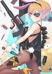 Rule 34 | 1girl, ace (playing card), ace of hearts, animal ears, assault rifle, backless outfit, black leotard, blonde hair, breasts, bullpup, card, commentary request, detached collar, explosive, eyepatch, fake animal ears, fake tail, grenade, gun, hand grenade, harness, heart, high heels, highres, joker (playing card), kunai, leotard, looking at viewer, original, ots-14 groza, pantyhose, playboy bunny, playing card, poker chip, purple eyes, rabbit tail, rifle, samaru (seiga), short hair, small breasts, solo, strapless, strapless leotard, suppressor, tail, thigh sheath, trigger discipline, weapon, wrist cuffs