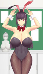 Rule 34 | 1girl, armpits, arms up, artist request, breasts, cleavage, day, female focus, highres, ijiranaide nagatoro-san, indoors, large breasts, leotard, long hair, looking at viewer, open mouth, playboy bunny, purple hair, rabbit ears, red eyes, solo, standing, sunomiya sana, teeth