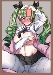 Rule 34 | 10s, 1girl, anchovy (girls und panzer), artist request, black ribbon, blush, breasts, cleavage, clothes lift, covering privates, covering breasts, curvy, drill hair, female focus, full-face blush, girls und panzer, green hair, hair ribbon, highres, large breasts, long hair, looking at viewer, naughty face, partially visible vulva, red eyes, ribbon, school uniform, shirt, shirt lift, sitting, smile, solo, twin drills, twintails