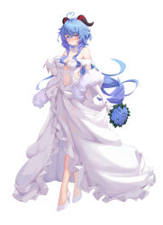 Rule 34 | 1girl, absurdres, ahoge, alternate costume, bare shoulders, blue flower, blue hair, blue rose, blush, bouquet, breasts, center opening, cleavage, closed mouth, detached collar, dress, elbow gloves, flower, frilled dress, frills, fur shawl, ganyu (genshin impact), genshin impact, gloves, heart, heart-shaped pupils, high heels, highres, holding, holding bouquet, horns, jewelry, long hair, looking at viewer, medium breasts, navel, pai daxing, purple eyes, ring, rose, shawl, simple background, skirt hold, smile, solo, standing, symbol-shaped pupils, very long hair, wedding dress, white background, white footwear, white gloves