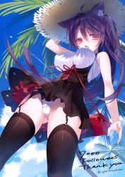 Rule 34 | 1girl, animal ears, bag, black skirt, black thighhighs, blush, breasts, cat ears, cat tail, commentary, english text, fang, garter straps, handbag, hat, large breasts, long hair, looking at viewer, open mouth, original, panties, red eyes, red ribbon, ribbon, skirt, sleeveless, solo, straw hat, tail, text focus, thighhighs, twitter username, underwear, white panties, yoruneko