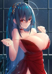 Rule 34 | 1girl, ahoge, areola slip, azur lane, black hair, blush, breasts, bust cup, choker, dress, hair ornament, highres, large breasts, long hair, looking at viewer, official alternate costume, one side up, red dress, red eyes, smile, solo, taihou (azur lane), taihou (forbidden feast) (azur lane), tatapopo