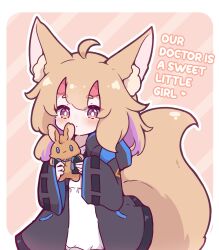 Rule 34 | 1girl, ahoge, animal ear fluff, animal ears, arknights, black jacket, blush, brown eyes, brown hair, closed mouth, commentary, diagonal stripes, doctor (arknights), dress, english commentary, english text, female doctor (arknights), fox ears, fox girl, fox tail, highres, holding, holding stuffed toy, hood, hood down, hooded jacket, jacket, kurotofu, long hair, long sleeves, looking at viewer, mochi-chan (kurotofu), multicolored hair, open clothes, open jacket, outline, purple hair, short eyebrows, sleeves past wrists, solo, striped, striped background, stuffed animal, stuffed rabbit, stuffed toy, tail, thick eyebrows, two-tone hair, white dress, white outline, wide sleeves