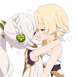 Rule 34 | 2girls, age difference, arms around neck, azbchan1221, blonde hair, blush, brown eyes, closed eyes, dress, feather hair ornament, genshin impact, hair ornament, kiss, leaf hair ornament, lumine (genshin impact), multiple girls, nahida (genshin impact), onee-loli, white dress, white hair, yuri