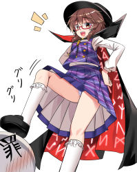 Rule 34 | 1girl, :d, black cape, black footwear, black headwear, bow, brown eyes, brown hair, cape, commentary request, e.o., fedora, feet out of frame, from below, glasses, hair between eyes, hands on own hips, hat, high collar, highres, kneehighs, loafers, long sleeves, looking at viewer, open mouth, panties, pantyshot, plaid, plaid skirt, plaid vest, purple skirt, purple vest, red-framed eyewear, shirt, shoes, short hair, simple background, sin sack, skirt, skirt set, smile, socks, standing, stepped on, thighs, touhou, translation request, underwear, usami sumireko, vest, white background, white bow, white panties, white shirt, white socks