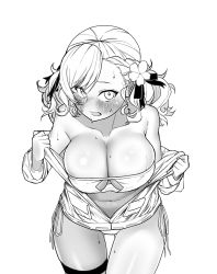 Rule 34 | 1girl, blush, breasts, cleavage, cleavage cutout, clothing cutout, flower, girls&#039; frontline, gluteal fold, greyscale, hair flower, hair ornament, highres, large breasts, looking at viewer, monochrome, navel, official alternate costume, shiny skin, skindentation, solo, spas-12 (girls&#039; frontline), spas-12 (midsummer fruit) (girls&#039; frontline), sweat, swept bangs, swimsuit, swimsuit under clothes, thigh strap, urrrt, white background