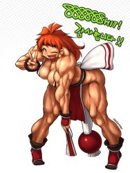 Rule 34 | 1girl, ;), bent over, breasts, cleavage, cosplay, earrings, extreme muscles, hand fan, folding fan, headband, jewelry, lina inverse, long hair, muscular, nestkeeper, ninja, one eye closed, orange hair, red eyes, shiranui mai, shiranui mai (cosplay), slayers, smile, socks, solo, the king of fighters, thick thighs, thighs, tiptoes, v