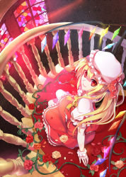 Rule 34 | 1girl, ascot, blonde hair, female focus, flandre scarlet, flower, greetload, hat, hat ribbon, looking up, plant, red eyes, ribbon, rose, short hair, side ponytail, skirt, skirt set, smile, solo, stained glass, stairs, touhou, vines, window, wings, wrist cuffs, yellow flower, yellow rose