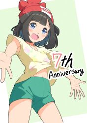 1girl absurdres anniversary black_hair blue_eyes blush commentary_request creatures_(company) eyelashes floral_print_shirt game_freak green_shorts hat highres medium_hair negimiso1989 nintendo open_mouth pokemon pokemon_sm red_hat selene_(pokemon) shirt short_sleeves shorts simple_background smile solo standing stomach teeth upper_teeth_only yellow_shirt