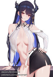 Rule 34 | 1girl, asymmetrical horns, bare shoulders, belt, black hair, black skirt, blue hair, breasts, closed mouth, colored inner hair, contrapposto, demon horns, hand on own hip, highres, hololive, hololive english, horns, large breasts, long hair, mole, mole under eye, multicolored hair, navel, nerissa ravencroft, nerissa ravencroft (1st costume), open clothes, open skirt, red eyes, secon, skirt, solo, stomach, straight hair, two-tone hair, uneven horns, very long hair, virtual youtuber, white background, white belt