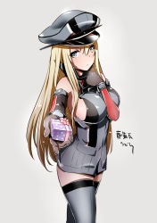 Rule 34 | 10s, 1girl, anchor hair ornament, bare shoulders, bismarck (kancolle), blonde hair, blue eyes, box, breasts, brown gloves, detached sleeves, elbow gloves, gift, gift box, gloves, grey thighhighs, hair ornament, hat, incoming gift, kantai collection, kriegsmarine, large breasts, long hair, looking at viewer, military, military hat, military uniform, peaked cap, polka dot, reaching, reaching towards viewer, shungikuten, sideboob, solo, thighhighs, uniform