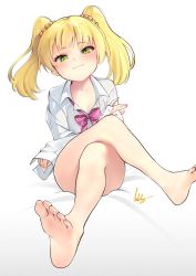 Rule 34 | 1girl, barefoot, blonde hair, blush, bow, bowtie, breasts, closed mouth, crossed arms, crossed legs, dress shirt, green eyes, highres, idolmaster, idolmaster cinderella girls, jougasaki rika, long hair, long sleeves, looking at viewer, no pants, purple bow, purple bowtie, shirt, simple background, sitting, small breasts, smile, soles, solo, striped bow, striped bowtie, striped clothes, striped neckwear, sumi (oyasumie), toes, two side up, white background, white shirt