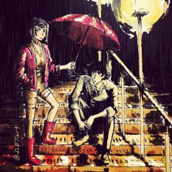 Rule 34 | 1boy, 1girl, boots, cowboy bebop, faye valentine, highres, purple hair, rain, rubber boots, spike spiegel, stairs, tagme