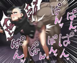 Rule 34 | 1boy, 1girl, ankle boots, asymmetrical bangs, bent over, black footwear, black hair, black jacket, blurry, blush, boots, clenched teeth, commentary request, creatures (company), dark-skinned male, dark skin, dress, drooling, earrings, emphasis lines, eyelashes, game freak, green eyes, hair ribbon, heart, hetero, interracial, jacket, jewelry, knees, marnie (pokemon), motion blur, nintendo, open clothes, open jacket, pokemon, pokemon swsh, ribbon, rolling eyes, saliva, sex, sweat, tamanora, teeth