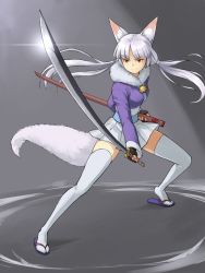 Rule 34 | 1girl, animal ear fluff, animal ears, bell, brown gloves, closed mouth, commentary, english commentary, fighting stance, fingerless gloves, floating hair, fox ears, fox girl, fox tail, full body, fur trim, glint, gloves, grey background, grey hair, holding, holding sheath, holding sword, holding weapon, jingle bell, katana, legs apart, long sleeves, low twintails, maritan (pixelmaritan), obi, original, parted bangs, perspective, pleated skirt, purple footwear, red eyes, sandals, sash, scabbard, sheath, skirt, smile, solo, sunrise stance, sword, tail, thighhighs, tiptoes, twintails, unsheathed, v-shaped eyebrows, weapon, white skirt, white thighhighs