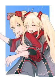 Rule 34 | 2girls, absurdres, admiral hipper (azur lane), azur lane, blonde hair, bluecher (azur lane), blush, closed eyes, dress, fang, fang out, green eyes, hair ornament, hairclip, highres, hug, hug from behind, long hair, looking at viewer, multiple girls, open mouth, rzk iii, sidelocks, simple background, smile, twintails, twitter username, upper body, wide sleeves