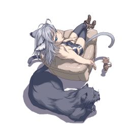 Rule 34 | 1girl, 212 (kisaragi), animal, animal ears, bad id, bad pixiv id, bare shoulders, black panther, blue eyes, boots, breasts, bustier, cat, cat ears, cat tail, cleavage, collarbone, from above, crossed legs, looking back, oekaki, original, panther, short hair, shorts, silver hair, sitting, solo, tail, thighhighs