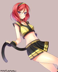 Rule 34 | 10s, 1girl, alternate costume, bare shoulders, blush, breasts, cleavage, collarbone, crop top, hairband, highres, kemonomimi mode, looking at viewer, love live!, love live! school idol festival, love live! school idol project, midriff, miniskirt, nishikino maki, pleated skirt, purple eyes, red hair, short hair, skirt, skirt set, smile, solo, song name, tail, tail grab, yu-ta
