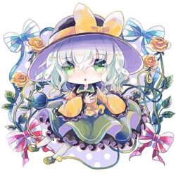 Rule 34 | 1girl, black hat, blouse, bow, buttons, chibi, diamond button, eyeball, flower, frilled shirt collar, frilled sleeves, frills, green eyes, green hair, hat, hat bow, hat ribbon, heart, heart of string, hiyuu (hiyualice), komeiji koishi, lowres, ribbon, shirt, solo, striped bow, third eye, touhou, wide sleeves, yellow bow, yellow ribbon, yellow shirt