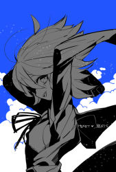 Rule 34 | 10s, 1boy, blue theme, danganronpa (series), danganronpa: trigger happy havoc, fujisaki chihiro, looking at viewer, looking to the side, male focus, monochrome, oumuo, outdoors, short hair, sky, solo