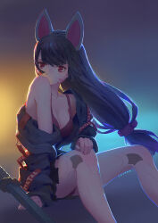 Rule 34 | 1girl, artist name, asymmetrical bangs, bare legs, bra, breasts, cleavage, collarbone, covered mouth, facial mark, hair tie, hand on knee, highres, jacket, long hair, mecha musume, medium breasts, off-shoulder jacket, off shoulder, panties, rabbit ears, red eyes, simple background, sitting, solo, sword, tzzzzz, underwear, weapon, whisker markings