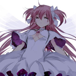 Rule 34 | 1girl, absurdres, arms at sides, bad id, bad pixiv id, breasts, cleavage, cleavage cutout, closed eyes, clothing cutout, dress, gem, hair between eyes, hair ribbon, highres, jewelry, kaname madoka, long hair, mahou shoujo madoka magica, mahou shoujo madoka magica (anime), misteor, necklace, purple dress, purple ribbon, red hair, ribbon, sketch, solo, twintails, two side up, ultimate madoka, white background