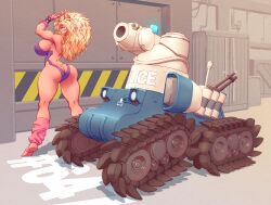Rule 34 | 1girl, animal ears, ass, backless leotard, big hair, blonde hair, breasts, butt crack, cannon, cat ears, caterpillar tracks, curvy, dominion (manga), fingerless gloves, from behind, full body, gloves, huge breasts, indoors, leg warmers, leotard, long hair, military, military vehicle, motor vehicle, n647, police, police siren, puma ears, puma sisters, purple leotard, science fiction, solo, standing, tall, tall female, tank, tank turret, thick thighs, thighs, tiptoes, turret