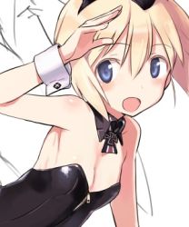 Rule 34 | 1girl, animal ears, arm up, armpits, bare shoulders, blonde hair, blue eyes, blush, cross, detached collar, erica hartmann, fake animal ears, iron cross, looking at viewer, lowres, open mouth, playboy bunny, rabbit ears, salute, shimada fumikane, short hair, smile, solo, strike witches, world witches series, wrist cuffs