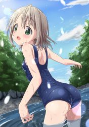 Rule 34 | 1girl, absurdres, ass, bare shoulders, blue sky, blue one-piece swimsuit, blush, commentary request, cowboy shot, day, dutch angle, from behind, green eyes, grey hair, hair ornament, highres, huge filesize, kohshibasaki, leaning forward, lens flare, looking at viewer, looking back, one-piece swimsuit, open mouth, outdoors, outstretched arm, river, school swimsuit, short hair, shoulder blades, sky, solo, sunlight, swimsuit, tree, water, wet, yama no susume, yukimura aoi
